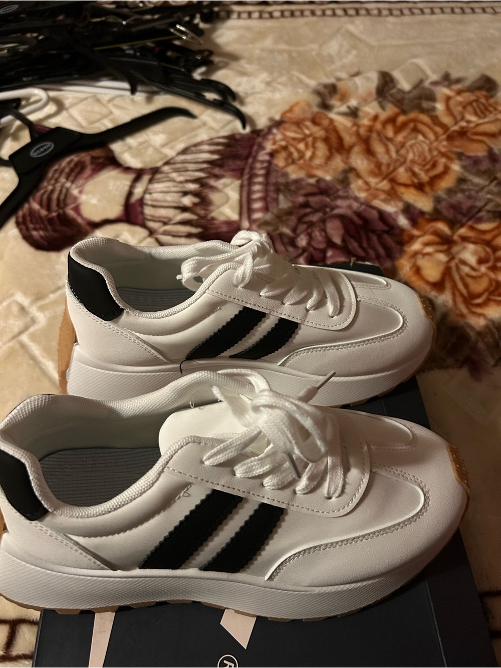 White Sneakers with Black Stripes - Women's Athletic Casual Shoes - Picture 3 of 5